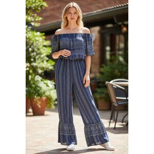 Japna One Piece Jumpsuit Womens Size Medium Flare Strapless Smoked Wide Leg Navy